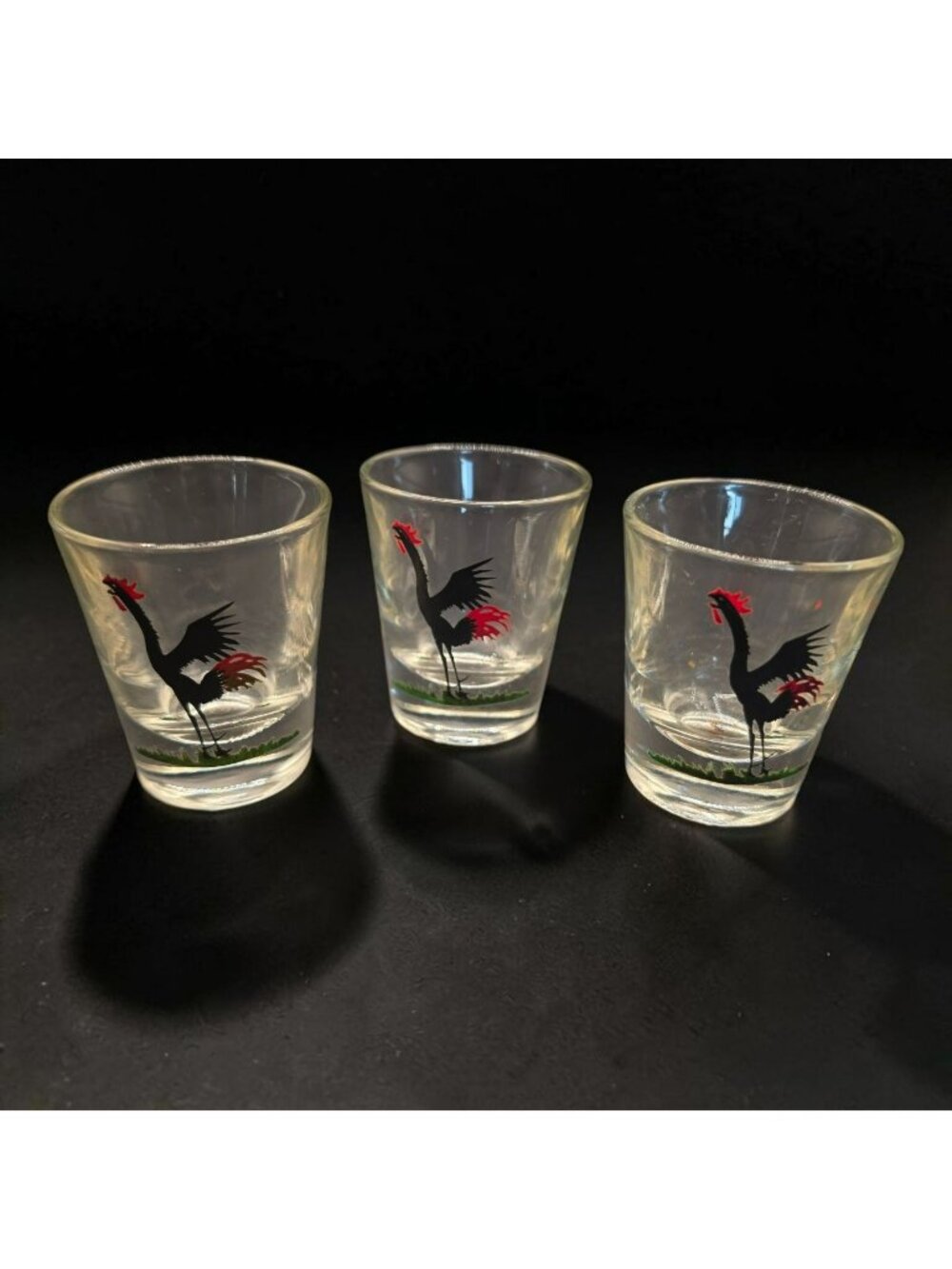 Vintage Federal Galss rooster Shot Glass Set Of 3 2.25" Tall Black & Red Rooster